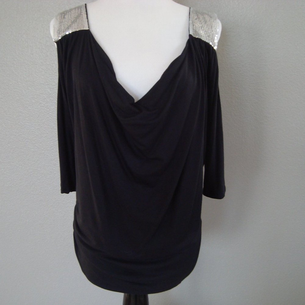 New Magic Fit Sparkle Cold Shoulder Top Drape Front Ruched Sides Black sz M